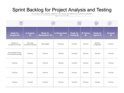 Sprint backlog for project analysis and testing