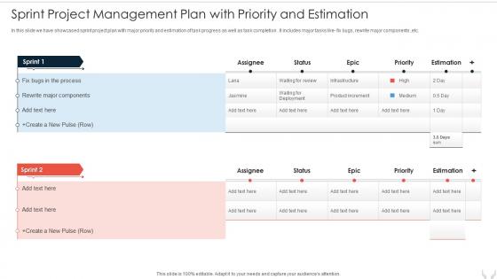 Sprint Project Management Plan With Priority And Estimation