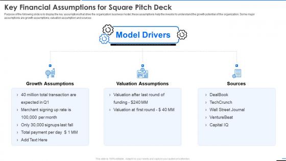Square key financial assumptions for square pitch deck ppt slides shapes