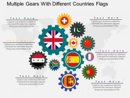 Ss multiple gears with different countries flags flat powerpoint design