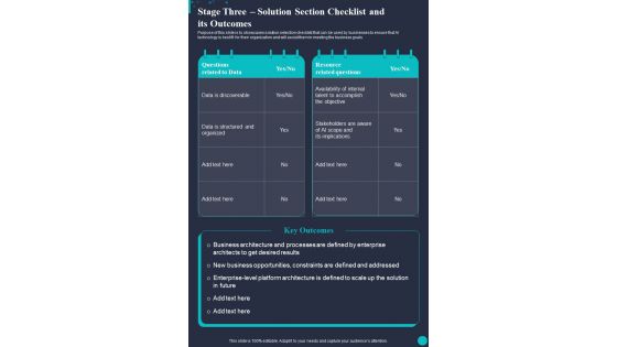 Stage Three Solution Section Checklist And Its Outcomes One Pager Sample Example Document