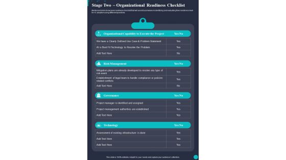 Stage Two Organizational Readiness Checklist One Pager Sample Example Document