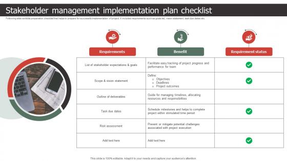 Stakeholder Management Implementation Plan Checklist Strategic Process To Create