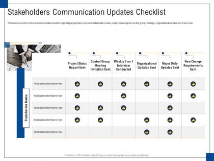Stakeholders communication updates checklist engagement management ppt formats