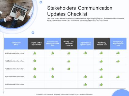 Stakeholders communication updates checklist stakeholders engagement plan ppt guidelines