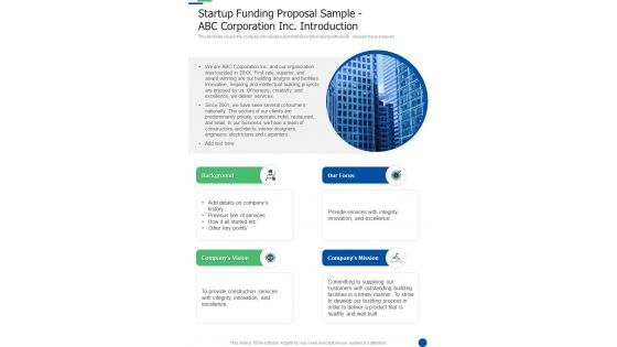 Startup Funding Proposal Sample ABC Corporation Inc Introduction One Pager Sample Example Document