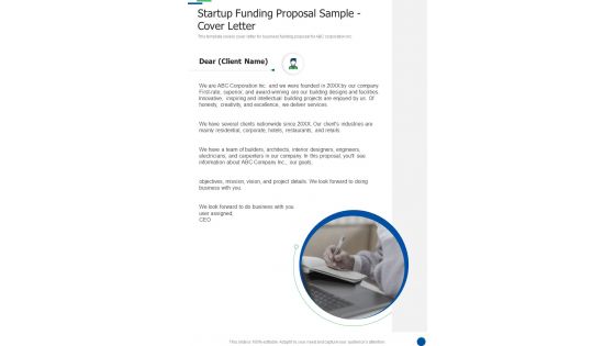 Startup Funding Proposal Sample Cover Letter One Pager Sample Example Document