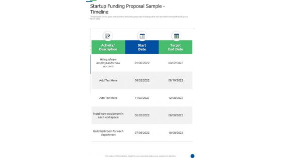 Startup Funding Proposal Sample Timeline One Pager Sample Example Document