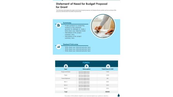 Statement Of Need For Budget Proposal For Grant One Pager Sample Example Document