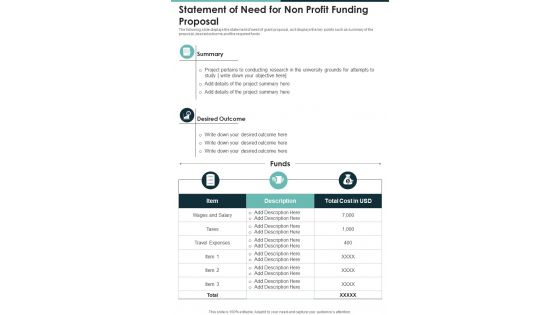 Statement Of Need For Non Profit Funding Proposal One Pager Sample Example Document