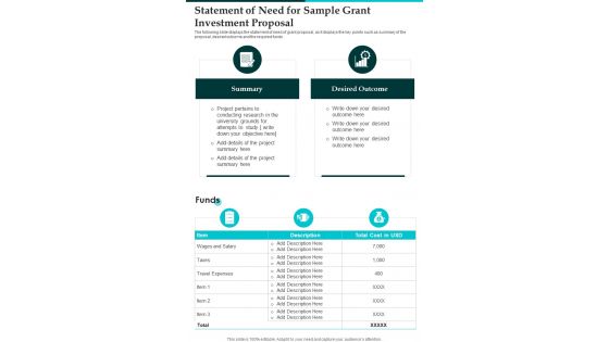 Statement Of Need For Sample Grant Investment Proposal One Pager Sample Example Document