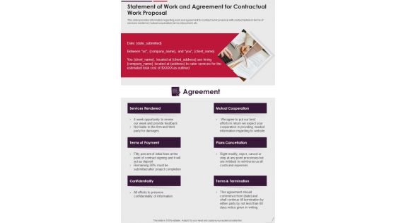Statement Of Work And Agreement For Contractual Work Proposal One Pager Sample Example Document