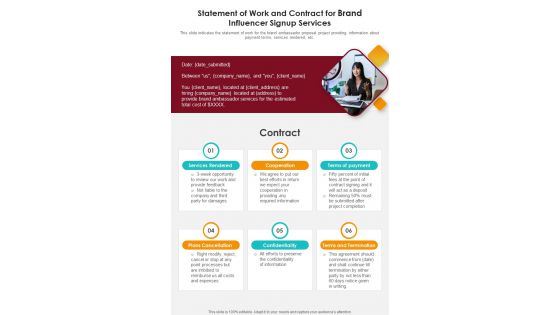 Statement Of Work And Contract Brand Influencer Signup One Pager Sample Example Document