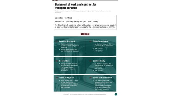 Statement Of Work And Contract Business Proposal For Transport One Pager Sample Example Document