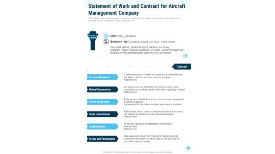 Statement Of Work And Contract For Aircraft Management Company One Pager Sample Example Document