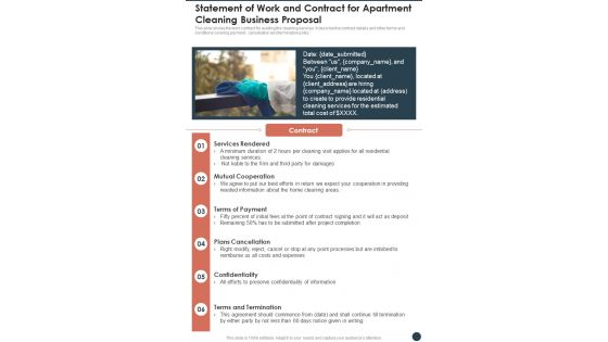 Statement Of Work And Contract For Apartment Cleaning Business One Pager Sample Example Document