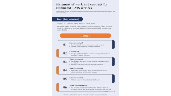 Statement Of Work And Contract For Automated LMS One Pager Sample Example Document