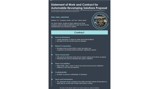 Statement Of Work And Contract For Automobile Revamping Solutions Proposal One Pager Sample Example Document