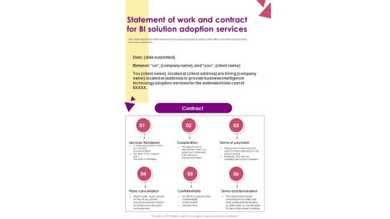 Statement Of Work And Contract For BI Solution Adoption One Pager Sample Example Document