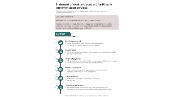 Statement Of Work And Contract For BI Suite Implementation One Pager Sample Example Document