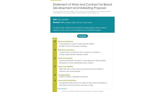 Statement Of Work And Contract For Brand Development And Marketing One Pager Sample Example Document