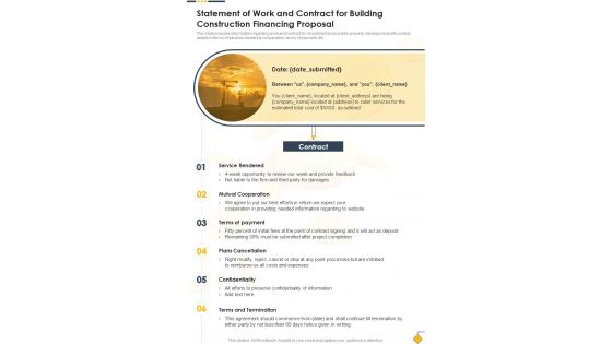 Statement Of Work And Contract For Building Construction Financing One Pager Sample Example Document