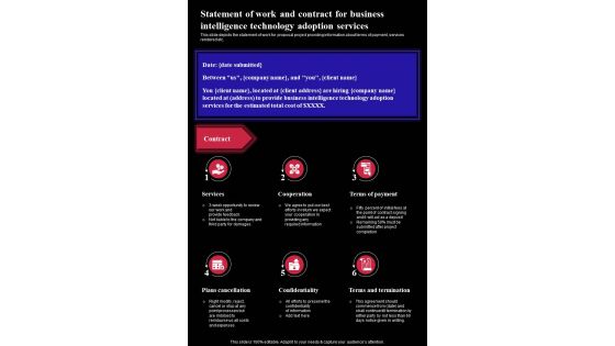 Statement Of Work And Contract For Business Intelligence Technology One Pager Sample Example Document