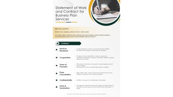 Statement Of Work And Contract For Business Plan Services One Pager Sample Example Document
