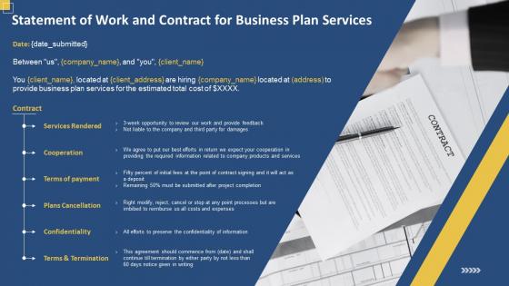 Statement of work and contract for business plan services ppt slides demonstration