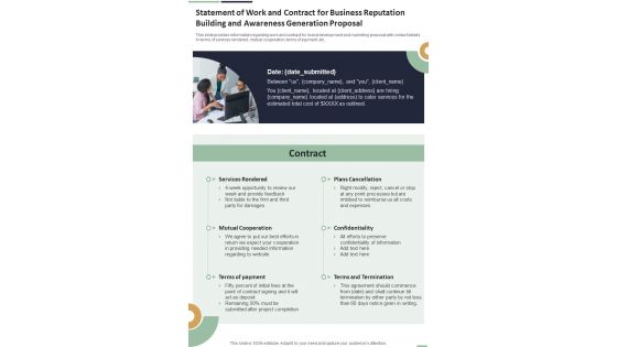 Statement Of Work And Contract For Business Reputation Building One Pager Sample Example Document