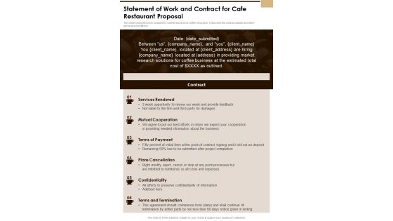 Statement Of Work And Contract For Cafe Restaurant One Pager Sample Example Document