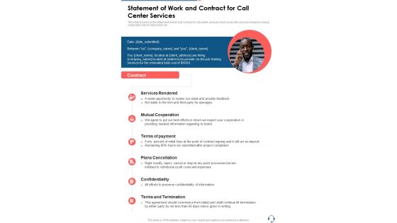 Statement Of Work And Contract For Call Center Services One Pager Sample Example Document