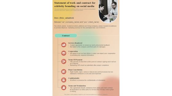Statement Of Work And Contract For Celebrity Branding On Social Media One Pager Sample Example Document