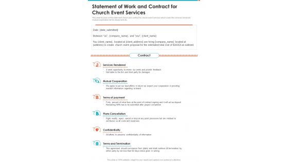Statement Of Work And Contract For Church Event Services One Pager Sample Example Document