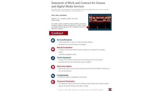 Statement Of Work And Contract For Cinema And Digital Media Services One Pager Sample Example Document