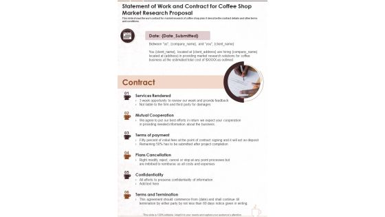 Statement Of Work And Contract For Coffee Shop Market Research Proposal One Pager Sample Example Document