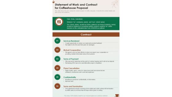 Statement Of Work And Contract For Coffeehouse Proposal One Pager Sample Example Document