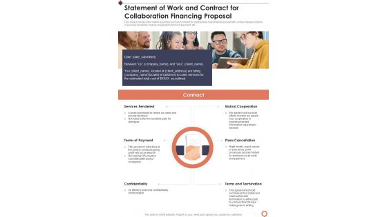 Statement Of Work And Contract For Collaboration Financing Proposal One Pager Sample Example Document