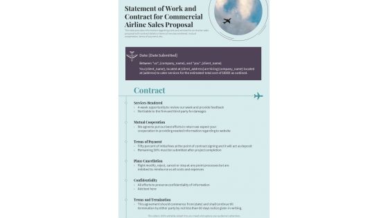Statement Of Work And Contract For Commercial Airline Sales One Pager Sample Example Document