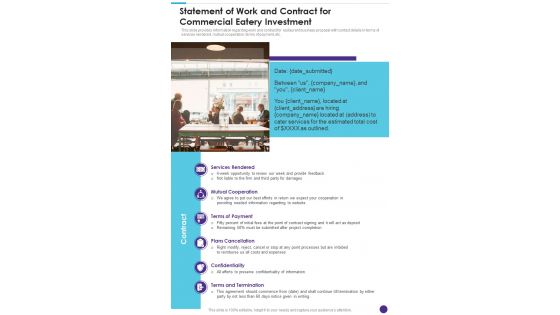 Statement Of Work And Contract For Commercial Eatery Investment One Pager Sample Example Document