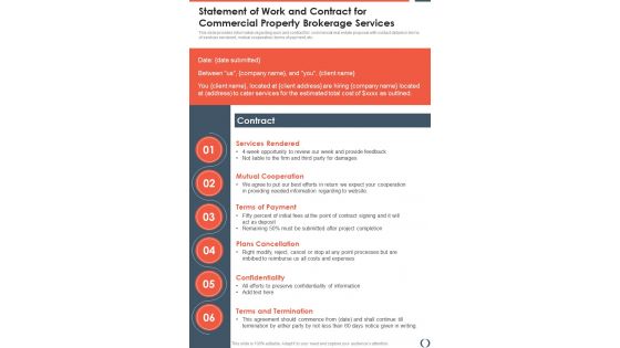 Statement Of Work And Contract For Commercial Property Brokerage One Pager Sample Example Document