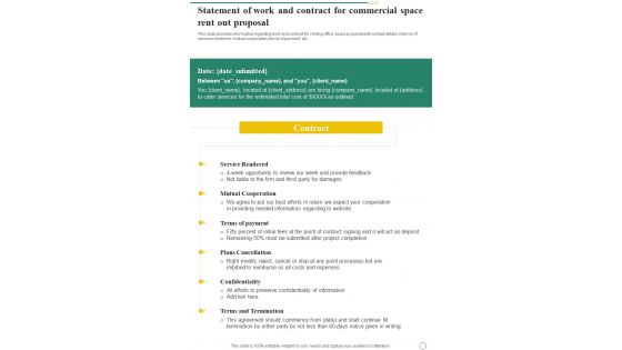 Statement Of Work And Contract For Commercial Space Rent Out Proposal One Pager Sample Example Document