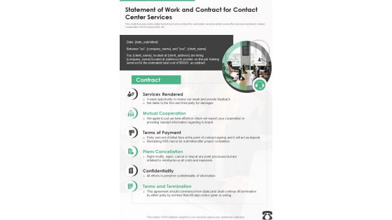 Statement Of Work And Contract For Contact Center Services One Pager Sample Example Document