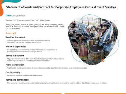 Statement of work and contract for corporate employees cultural event services ppt deck slides