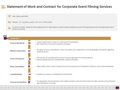 Statement of work and contract for corporate event filming services ppt slides