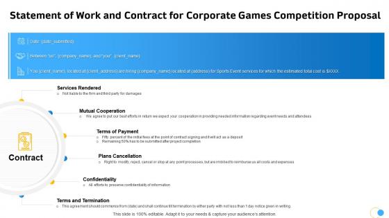 Statement of work and contract for corporate games competition proposal ppt slides graphic tips