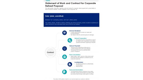 Statement Of Work And Contract For Corporate Retreat Proposal One Pager Sample Example Document