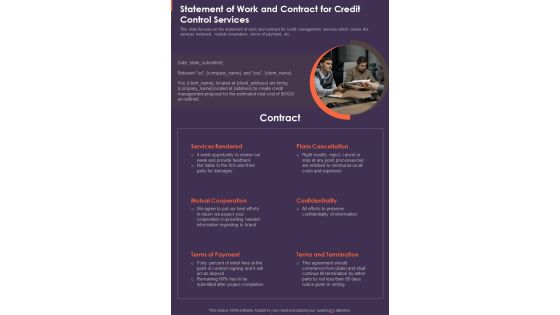 Statement Of Work And Contract For Credit Control Services One Pager Sample Example Document