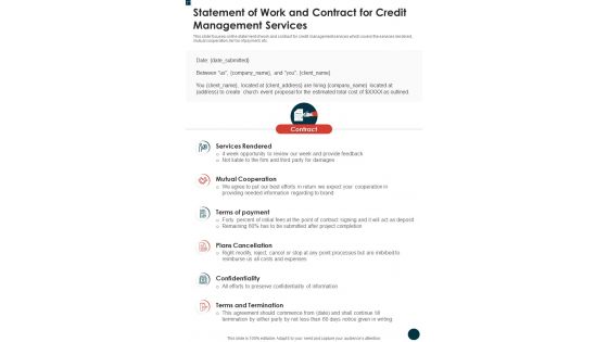 Statement Of Work And Contract For Credit Management Services One Pager Sample Example Document