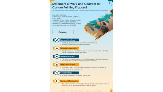 Statement Of Work And Contract For Custom Painting Proposal One Pager Sample Example Document